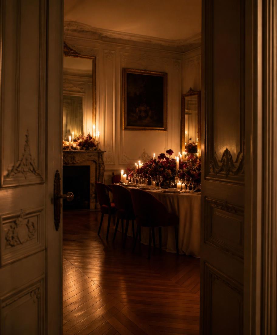 Salon parisien aux chandelles préparé pour un dîner privé Memento