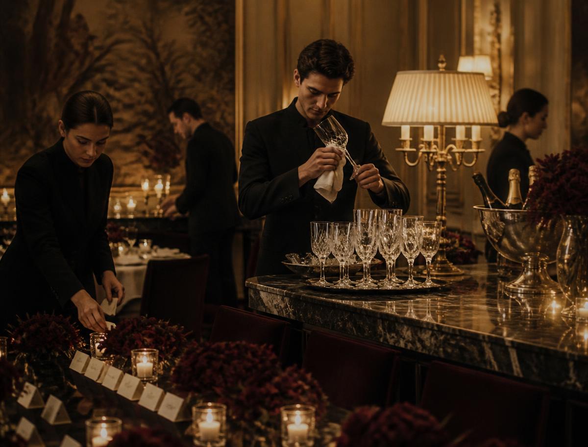 Équipe de service et bar en place avant une réception privée