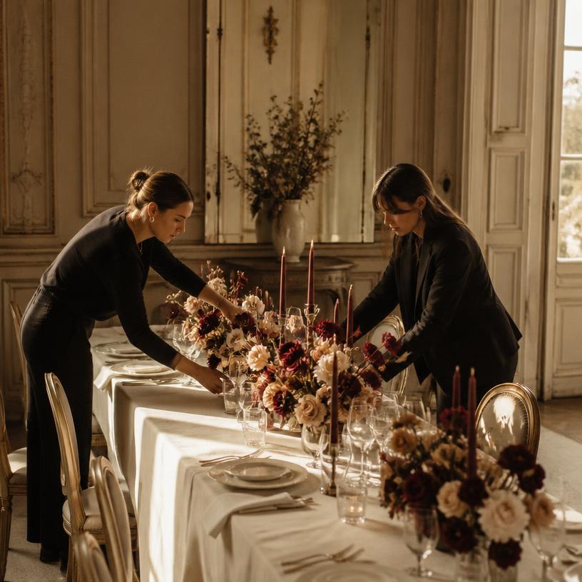 Installation florale et mise en place de la table avant l’événement
